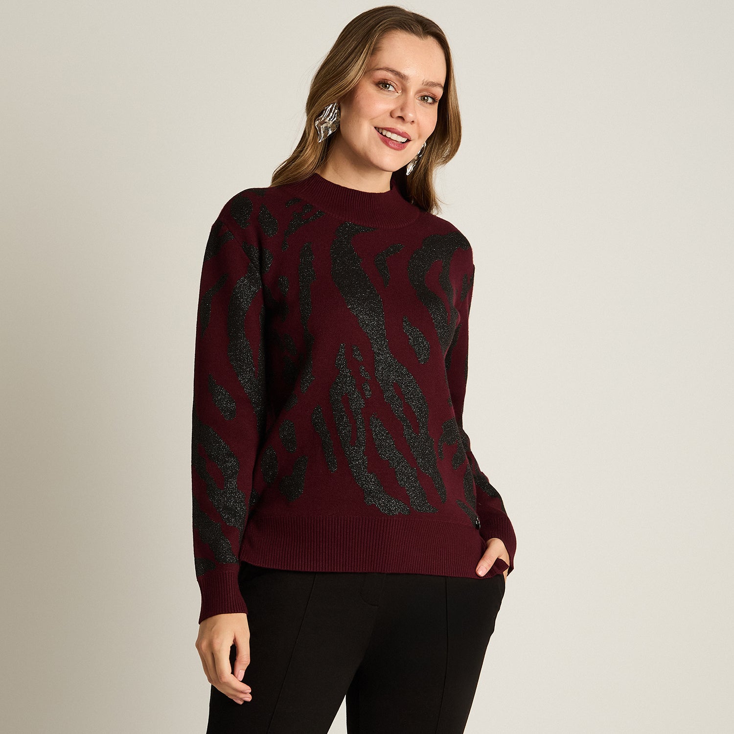 Sweater Burdeo Manga Larga Elasticidad Media Sin Forro Calce Normal Tela Tejido